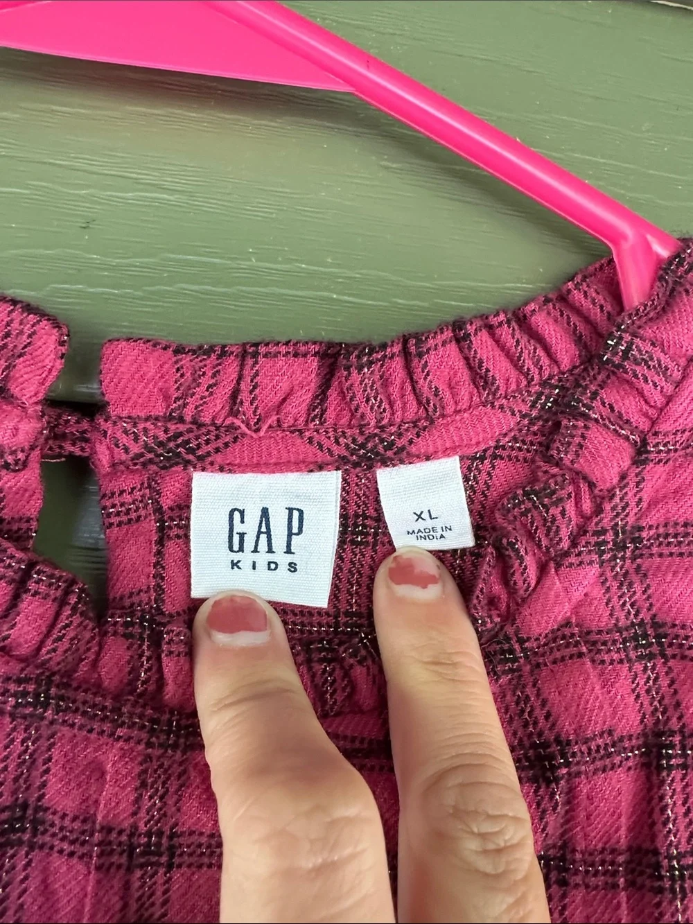 GAP Pink and Black Plaid Long-Sleeve Ruffle Yoke Blouse